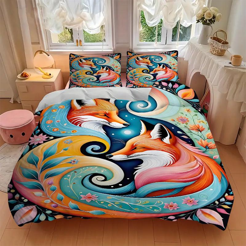 3pcs Bedding Set Foxes, Floral Includes 1 Comforter + 2 Pillowcases, Without Pillow Inserts, Soft Comfortable,Bedding Set,a0909032
