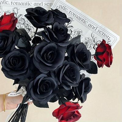 5pcs Halloween Ghost Festival Dark Series New Pure Black Single Rose Horror Gothic Style Bouquet Home Garden Room Decor