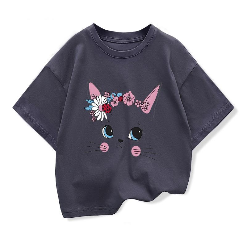 Smile Cartoon Cat Graphic Kids Clothing Tees T Shirt 2025 Girls Loose Short Sleeve T-shirt Kids Birthday Tee Children Clothes