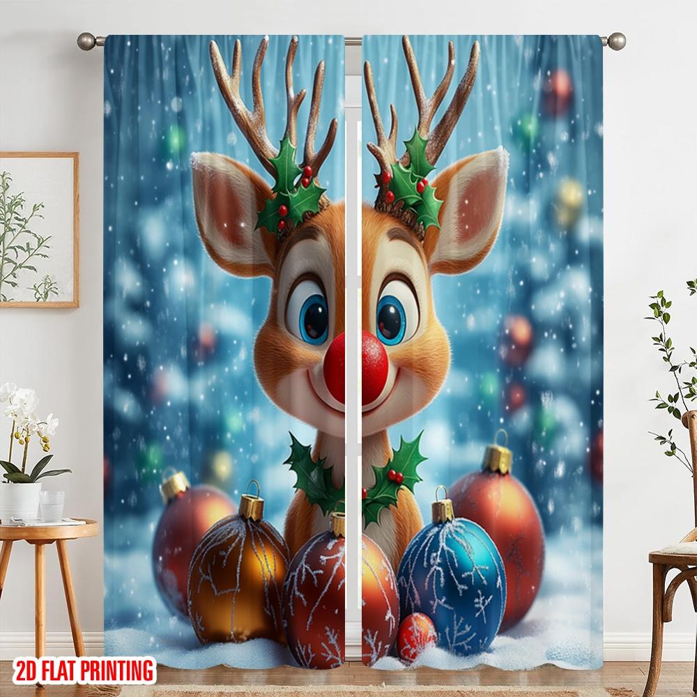 2pcs,2D Plane Printing Window Curtain Cute Christmas Reindeer Holiday Ornaments Durable 100% Polyester Fabric (without Rod)