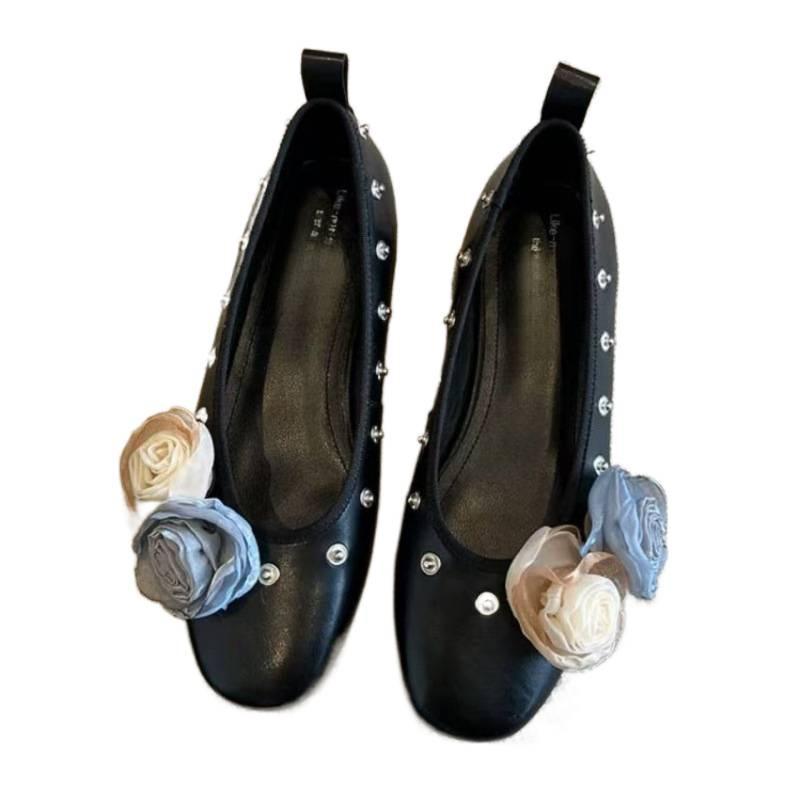 Inner heightening women's shoes 2025 spring and autumn French round head flat bottom Mary Jane shoes rivets shallow mouth single shoes