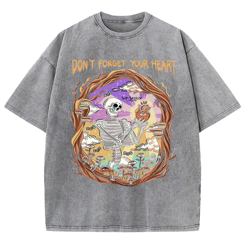 

Плачущий скелет, держащий сердце, узор, выстиранная мужская футболка, дышащая, унисекс, ретро футболки, удобный хлопок, мягкий, короткий S