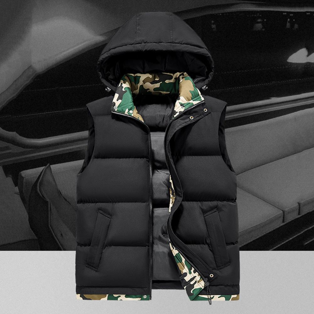 Men Hooded Vest Camouflage Liner Autumn Winter Stand Collar Warm Windproof Slant Pockets Zipper Closure Casual Male Sleeveless W