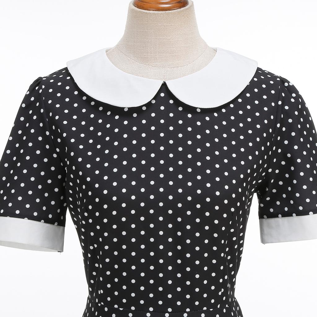 Damen Vintage Polka Dot Swing Kleid mit Kragen und Gürtel für Partys