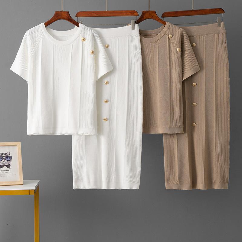 2025 Summer Short-sleeved Versatile Short Knitted T-shirt Top + Half-body Medium and Long Skirt Set