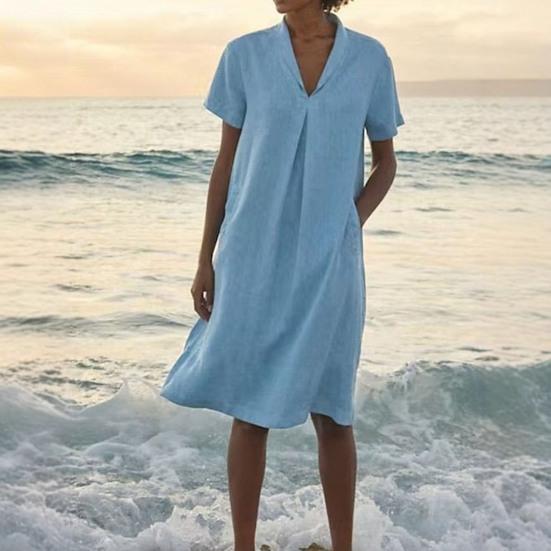 Summer Midi Dress for Women Casual Short Sleeve Flowy Sundress Loose Fit V-Neck Beach Vacation Outfits with Pockets