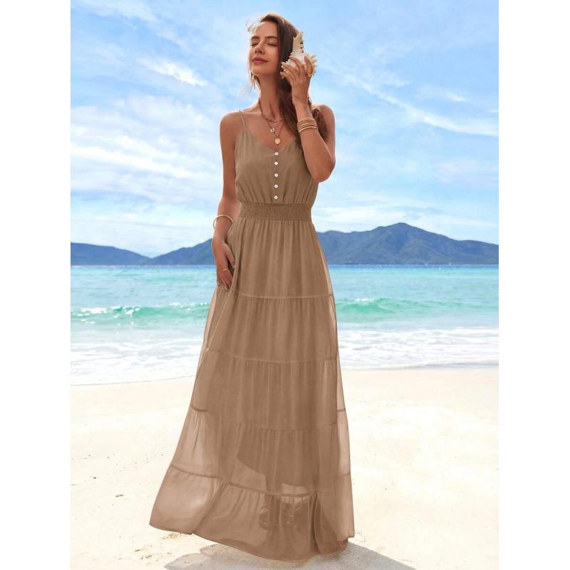 Europe, America 2026 Summer New Simple High Waist and Thin Casual Beach Vacation Suspender Dress