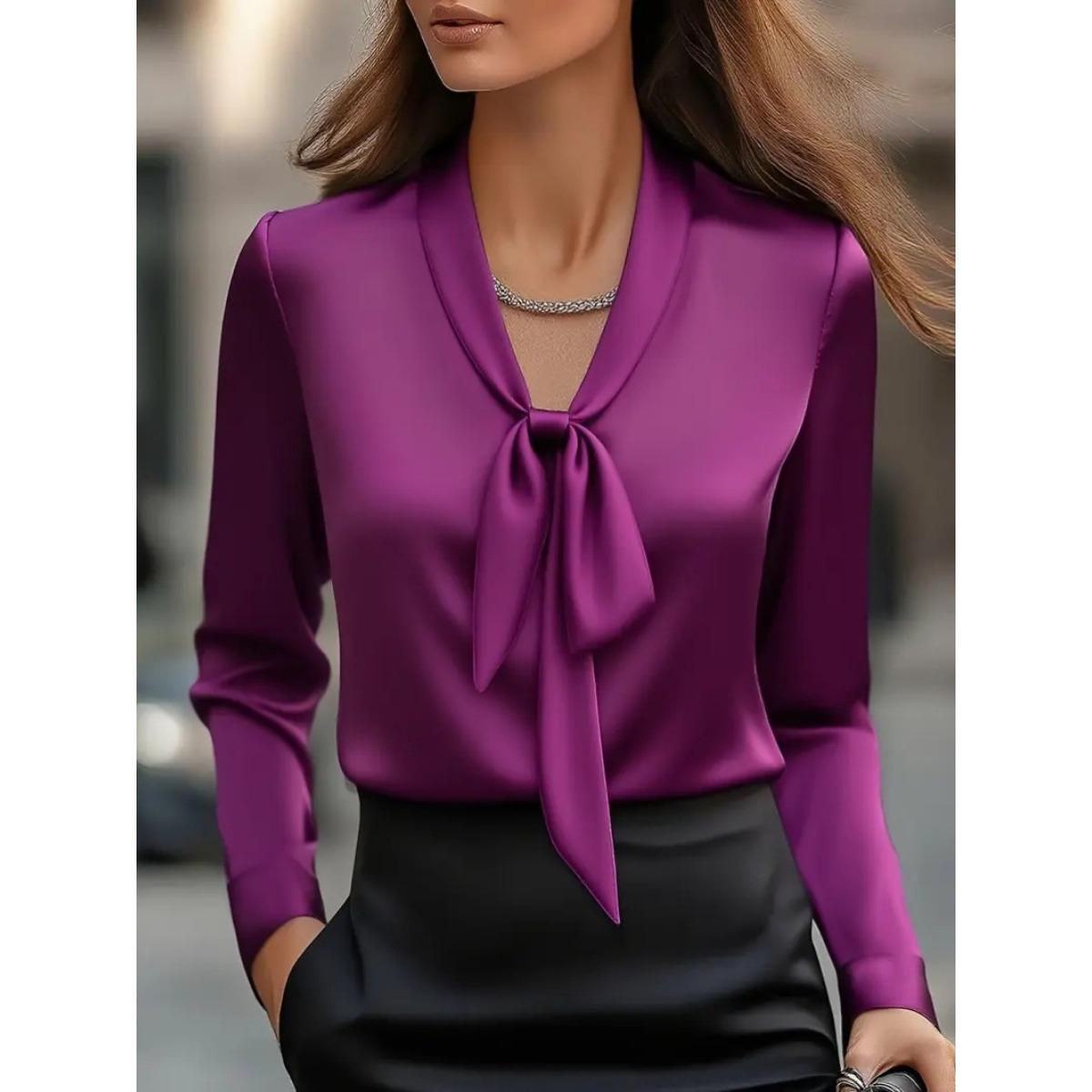 

New Fashion Elegant Solid Color Satin Long Sleeve Shirt with Belt for Women XXL фіолетовий