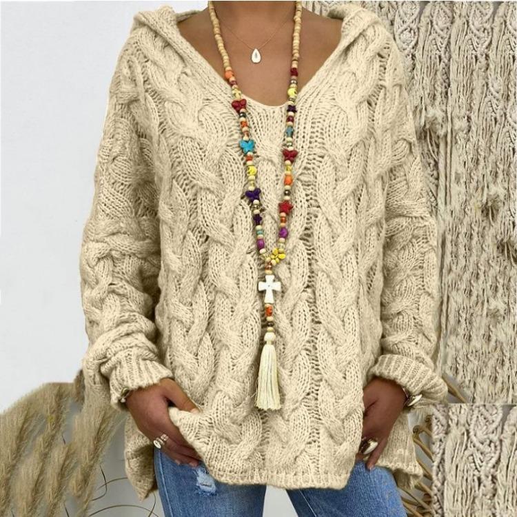 Autumn Winter Women's Solid Colour Cable Knit Hooded Sweater Luxurious Relaxed-fit Slimming and Versatile Top