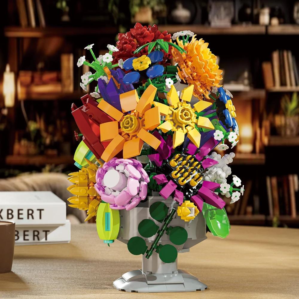 1092PCS Flower Bouquet Building Blocks Immortal Flower Bonsai Model Bricks With Vase Desktop Decoration Kids Toys Holiday Gifts