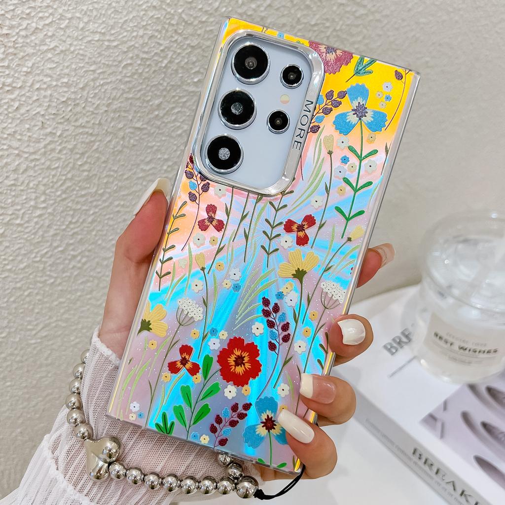 For Samsung Galaxy S24 Ultra Case TPU+PC Flower Pattern Laser Texture Phone Cover with Beaded Bracelet