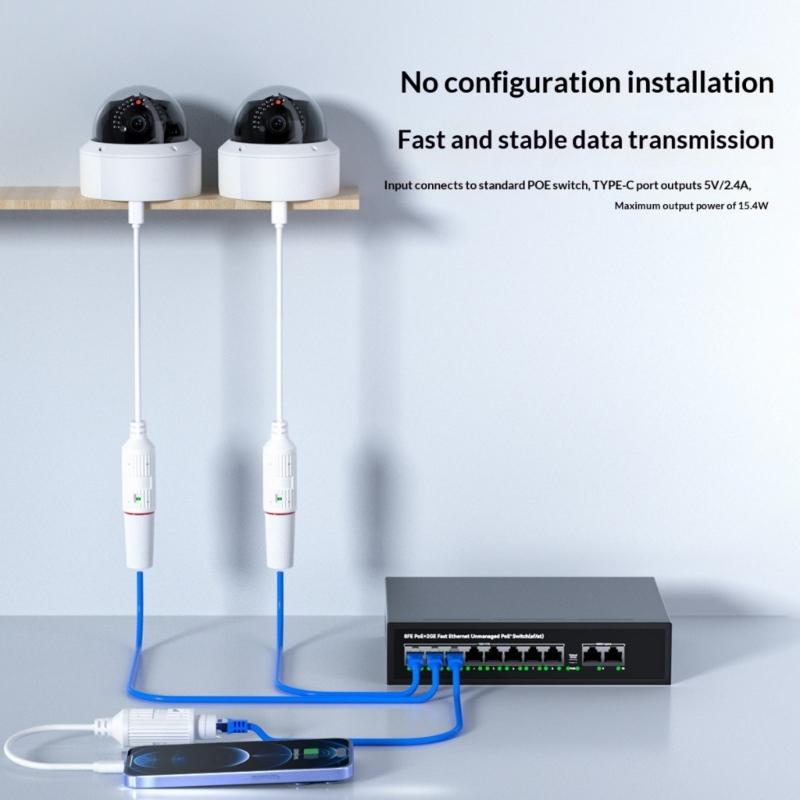 Type C POE Splitter 48V to 5V Power Converter 100Mbps Data for Security Cameras High Efficiency Voltages Conversion