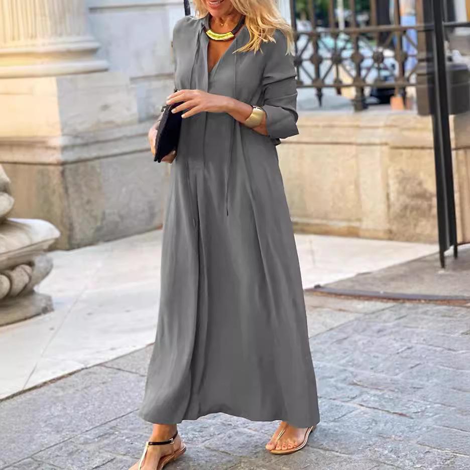 2025 European & American V-Neck Solid Color Long Sleeve Casual Dress for Autumn/Winter