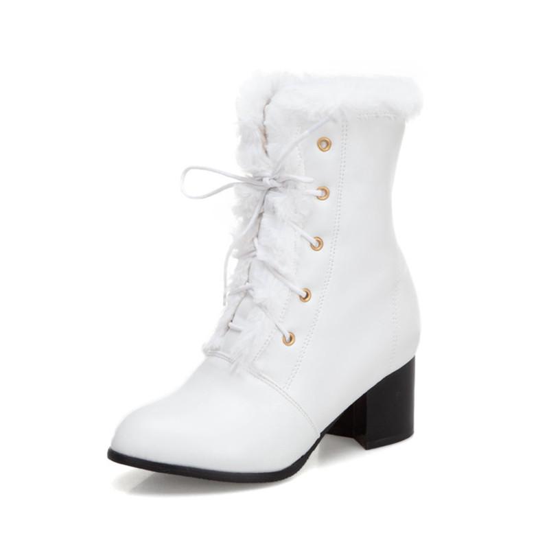 Fashion 2025 Autumn Winter Fur Women Ankle Boots Quality Solid Lace-up Ladies Shoes Fashion Square High Heels Boats Botines Mujer 33