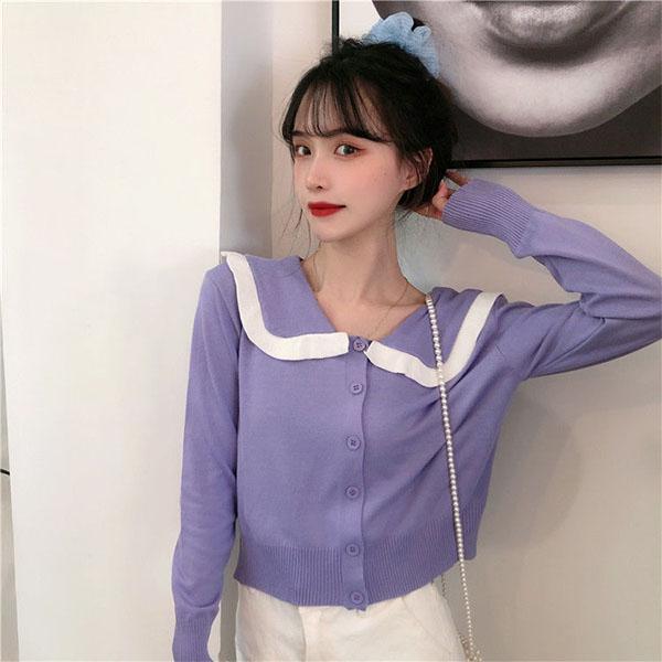 

Осень и зима свободный и тонкий темно-синий воротник студенческий короткий топ с длинными рукавами свитер для женщин One Size