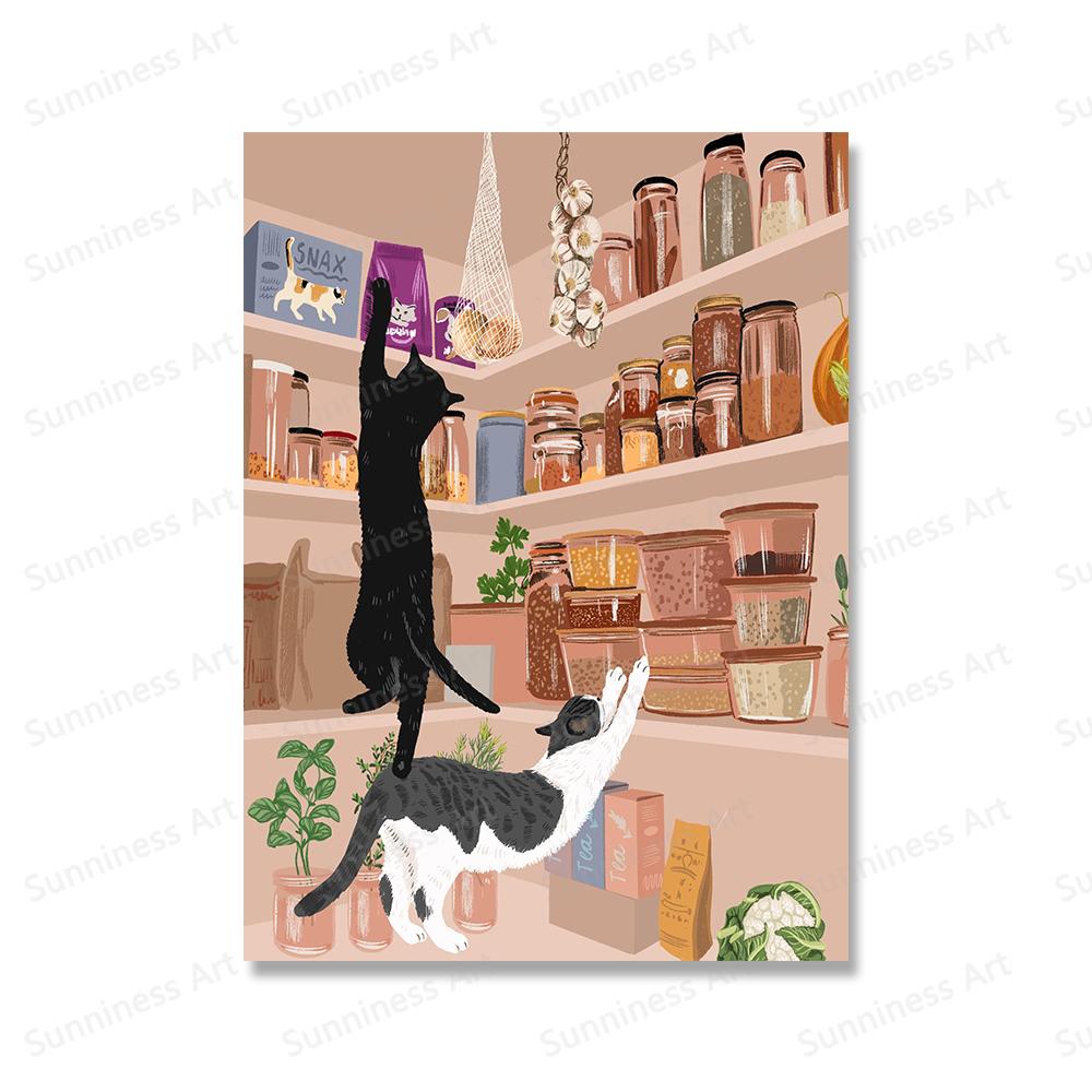 Lustige Katze Grüne Pflanzen Boho Wandkunst Leinwandmalerei Nordische Poster und Drucke Moderne Wandbilder für Wohnzimmer Heimdekor