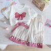 Girls Summer White Bow T-Shirt And Wide Leg Pants Set Baby Cotton Two Piece Outfit Trendy