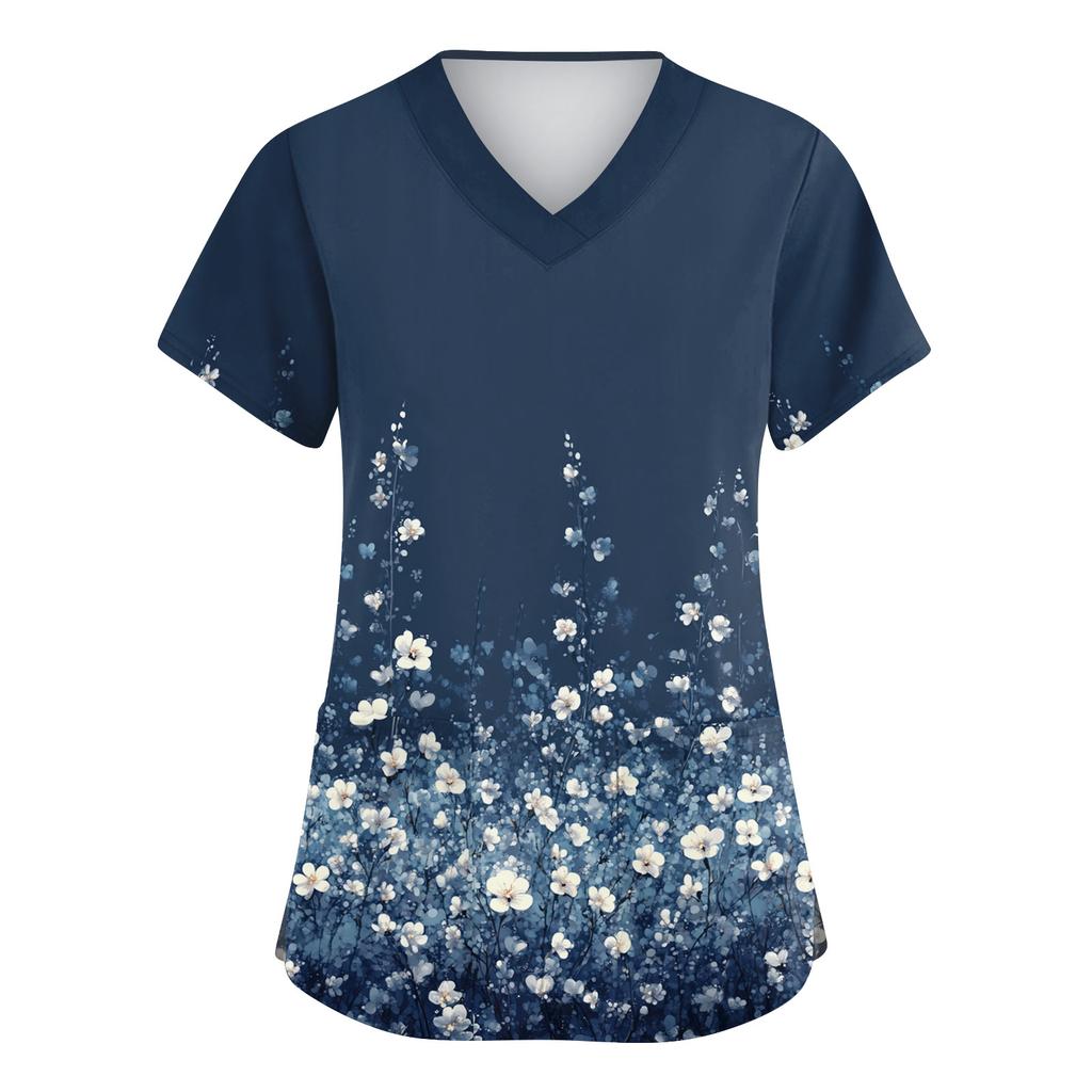 Damen Modische V-Ausschnitt Arbeitskleidung Bedruckt Kurzärmlig Tasche Seitenschlitz Arbeitskleidung Basic Pullover Top