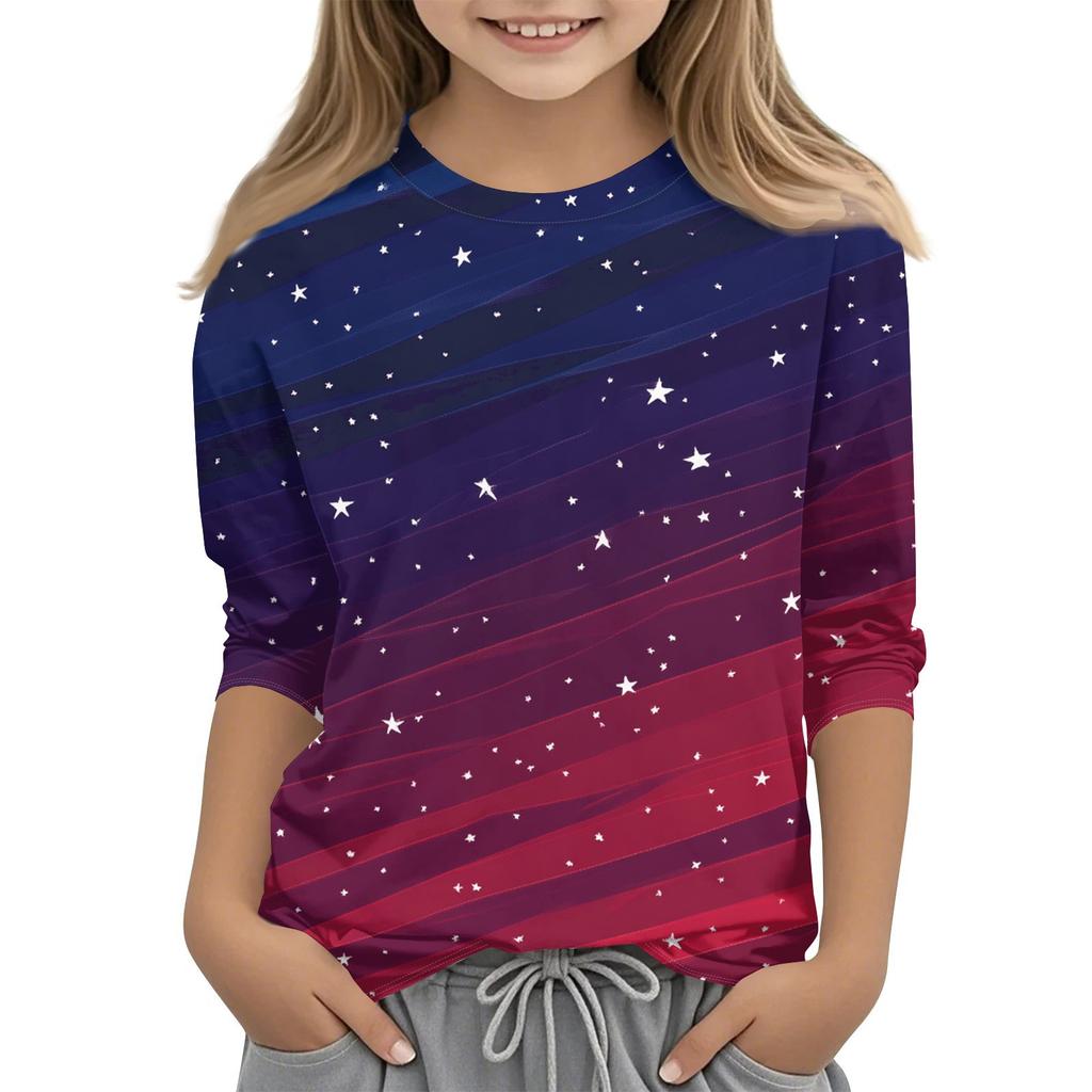 Barne 7/8-ermet trykket Independence Day crew-neck avslappet t-skjorte