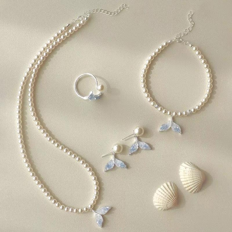 Blue Crystal Mermaid Tail Jewelry Set: Necklace, Ring, Earrings, Bracelet - Elegant and Luxurious Accessories