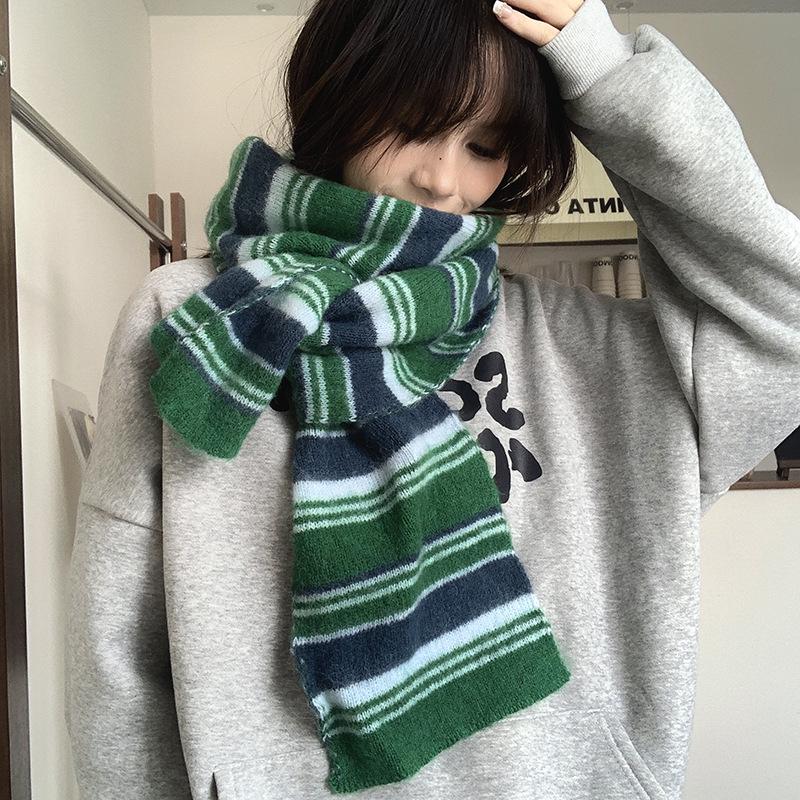 Falling Pool Women's Retro Striped Knit Scarf - Fluffy, High-End, Soft Neck Warmer for Autumn/Winter