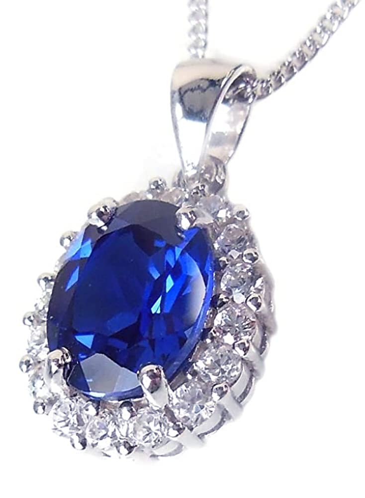 

[Your and My Jewelry Box] Silver Synthetic Sapphire Pendant Necklace, Large 3.5 Carat [September Birthstone] [Jewelry] [Gift Wrapped]
