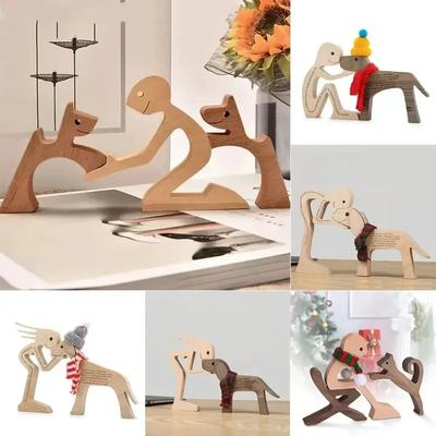 Cute Family Puppy Wood Dog Craft Ornament Figurine Natural Gift for Home Decoration Accessories Handmade Sculptures Decor