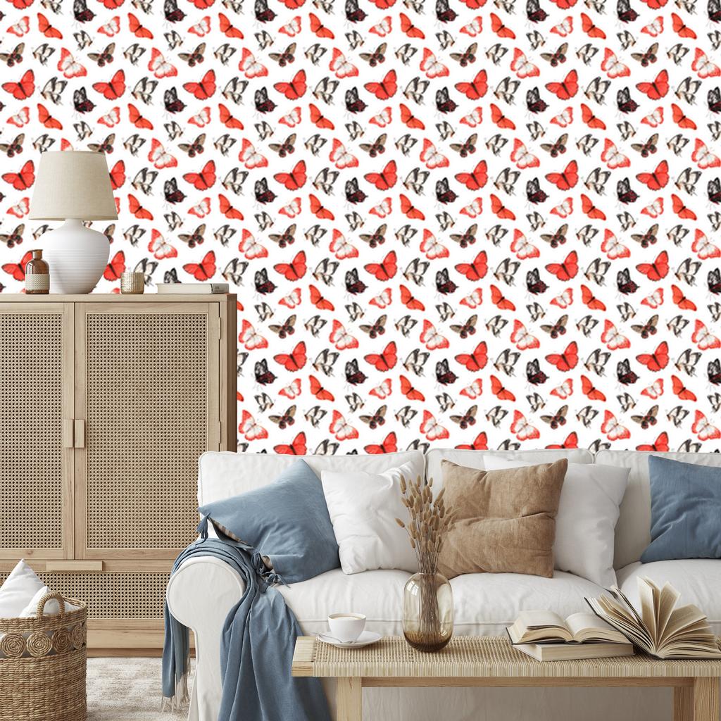 Butterflies Wallpaper White and Coral for Living Room and Bedroom 50x1000