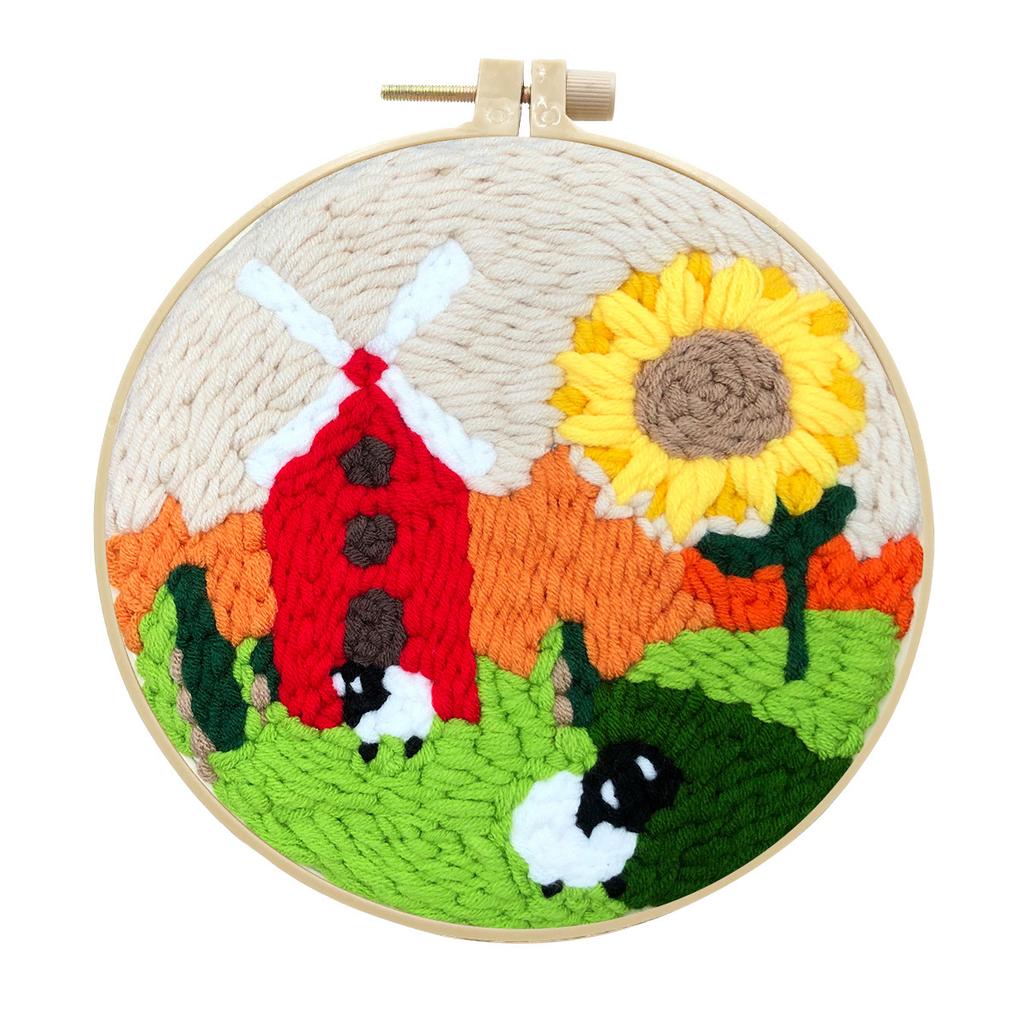 DIY-Sticksets für Anfänger Sonnenblumenmuster Gestempeltes Punch-Needle-Set Landschaftsteppich Hakenkunst mit Stoff Garn Reifen
