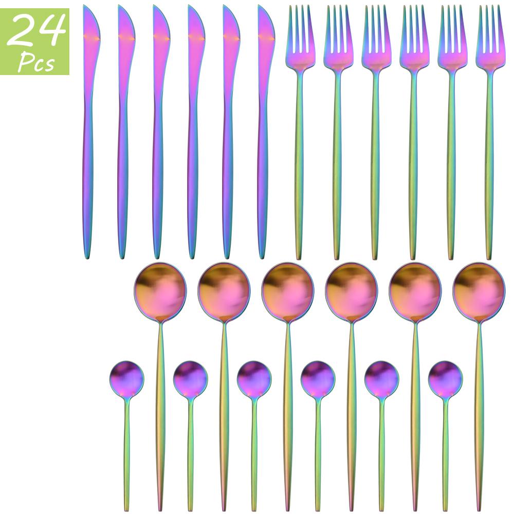 24Pcs Multicolor Dinnerware Set Knife Fork Spoons Teaspoon Tableware 18/10 Stainless Steel Cutlery Western Kitchen Silverware Flatware
