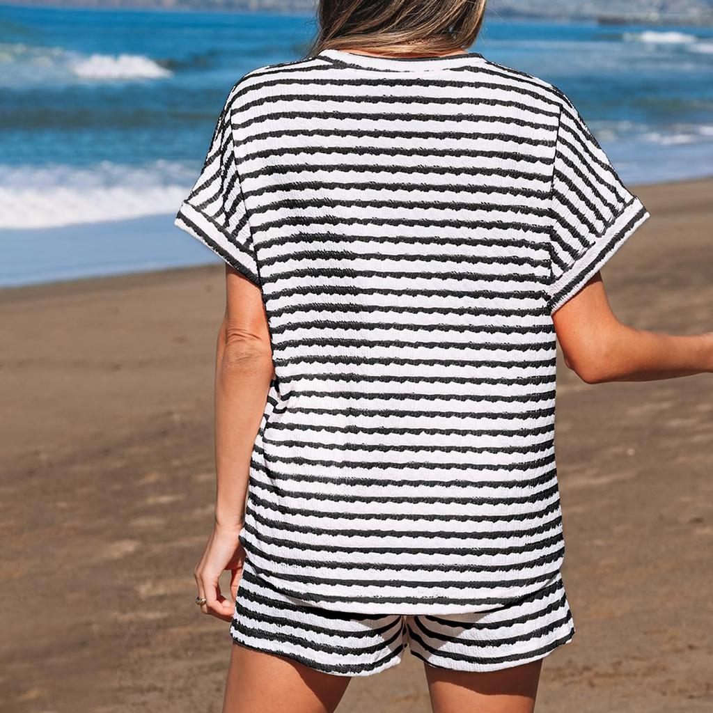 Ladies' Casual Round Neck Pullover Short Sleeved Drawstring Shorts Striped Set