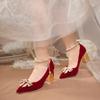 Fashion Red Pearl Bowknot Wedding Party Shoes for Women String Bead Thin Heels Pumps Ladies Ankle Strap Pointed Toe High Heels Shoes