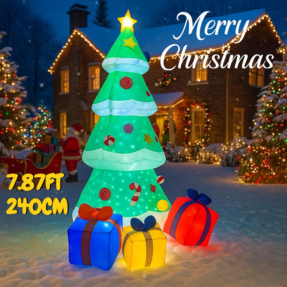 7.87FT Inflatable Toy Christmas Tree Gift Boxes Xmas Yard Decoration LED Lit Christmas Supplies Home Decor Ornament Festive Gift
