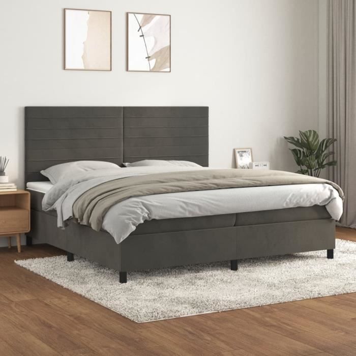 3143104 vidaXL Lit à sommier tapissier et matelas Gris foncé 200x200cm Velours