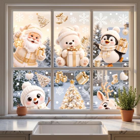 Static Cling Stickers 6Pcs Christmas Window Clings, Xmas Reusable Double Sided Snowman Non Adhesive Glass Snowflake Clings for Decorations Home Decor