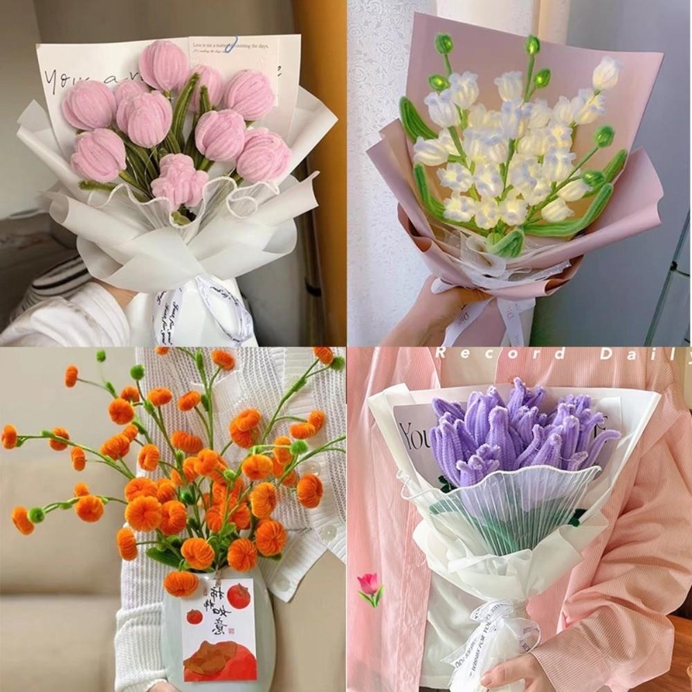 Novo Tulipa Rosa Cor Macaron Material de Fio Felpudo Pacote Raiz Top Tira de Tricô Super Densidade Pelo Criptografado DIY Buquê de Flores