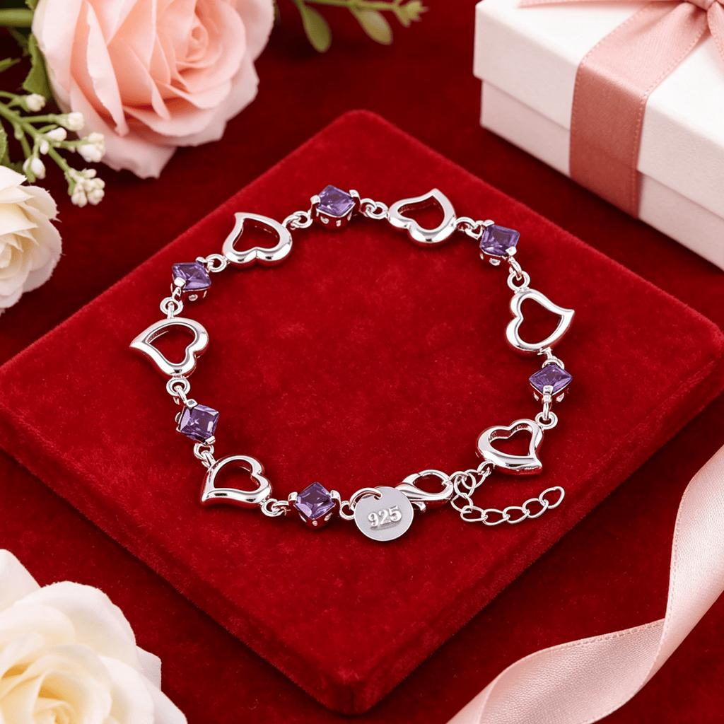 High-quality 925 Sterling Silver custom Heart Purple Crystal Zircon Bracelets For Woman Party wedding Engagement Costume Jewelry