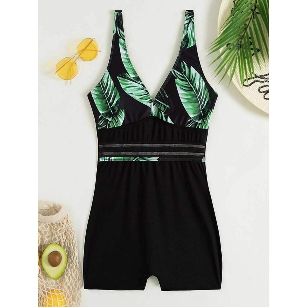 

Европейский и американский принт с листьями, сочетающиеся по цвету, цельный купальник-боксеры L чёрный