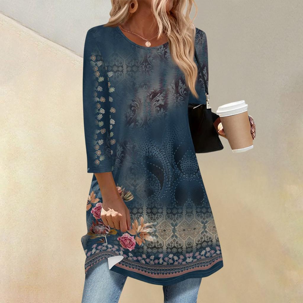 Dame Mote Casual Trekvartsermet Lang Blomstermønstret Rundhals Topp