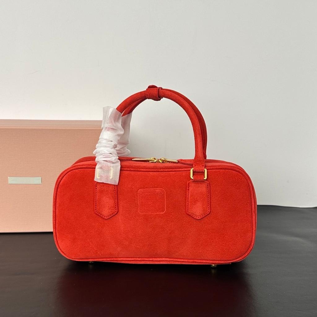 Miu Series Classic Preservation Ball Handbag Women's Cowhide High-grade Sense Leather Top Handle Bag Frosted Cowhide Single Compartment Crossbody Bag