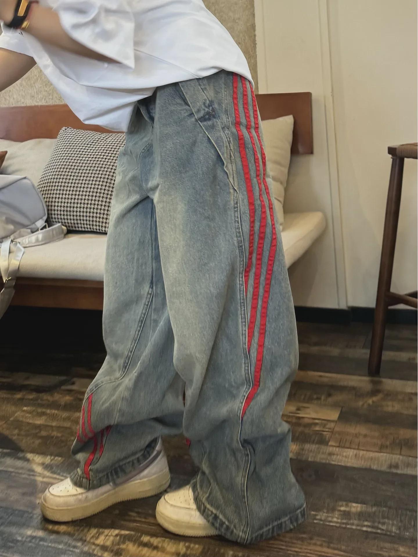 

Женские ретро-полосатые джинсы с широкими штанинами в стиле пэчворк — свободные, модные, повседневные, состаренные, летняя рабочая одежда M синий