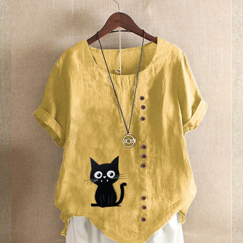Women's Fashion Cat Prined Short Sleeve T-shirt Loose Cotton Shirt Casual Loose Summer Blouse Plus Size Tops