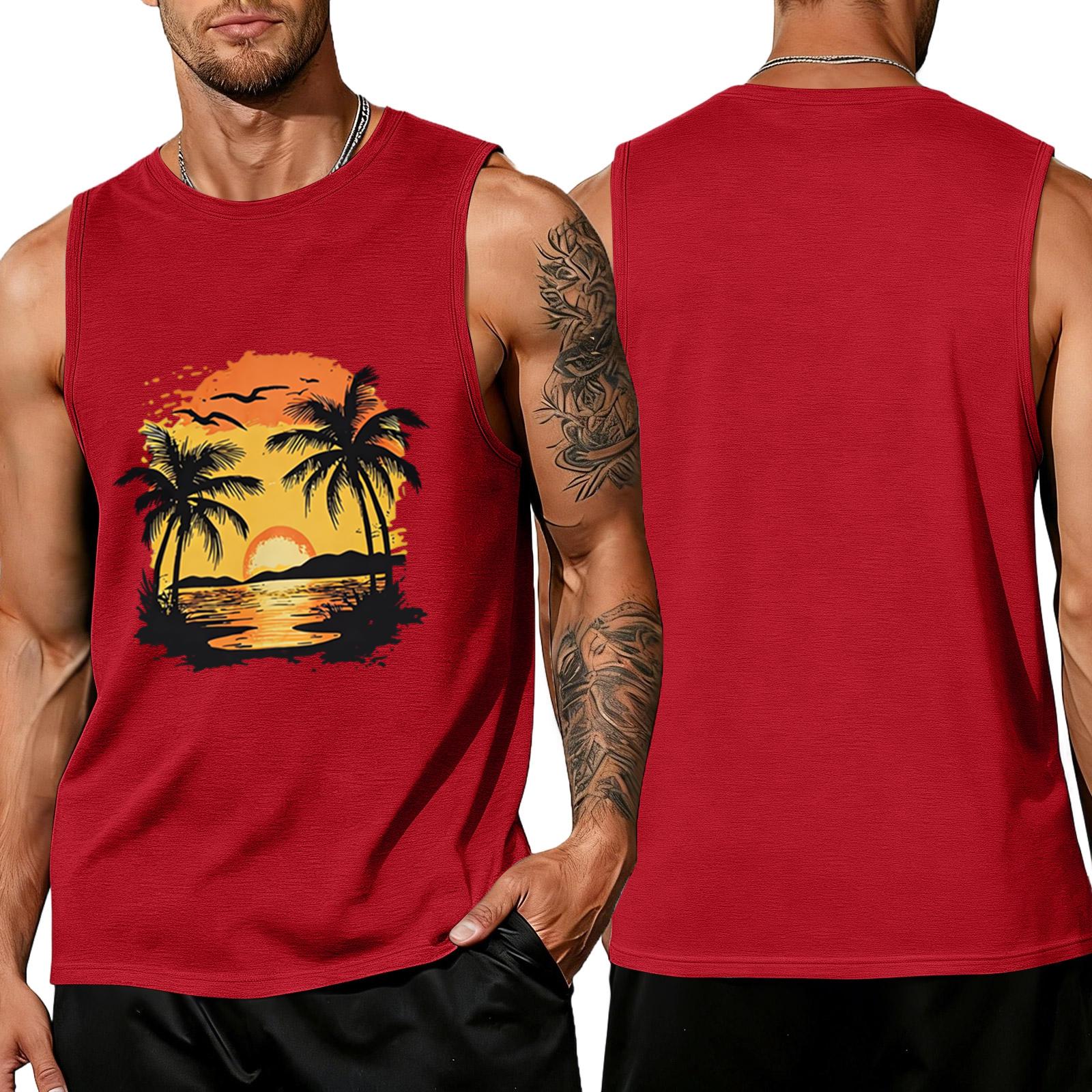 

Men s Sleeveless Muscle Tank Top Crew Neck Casual Fit Summer Beach Tree Print Lightweight Shirt S червоний
