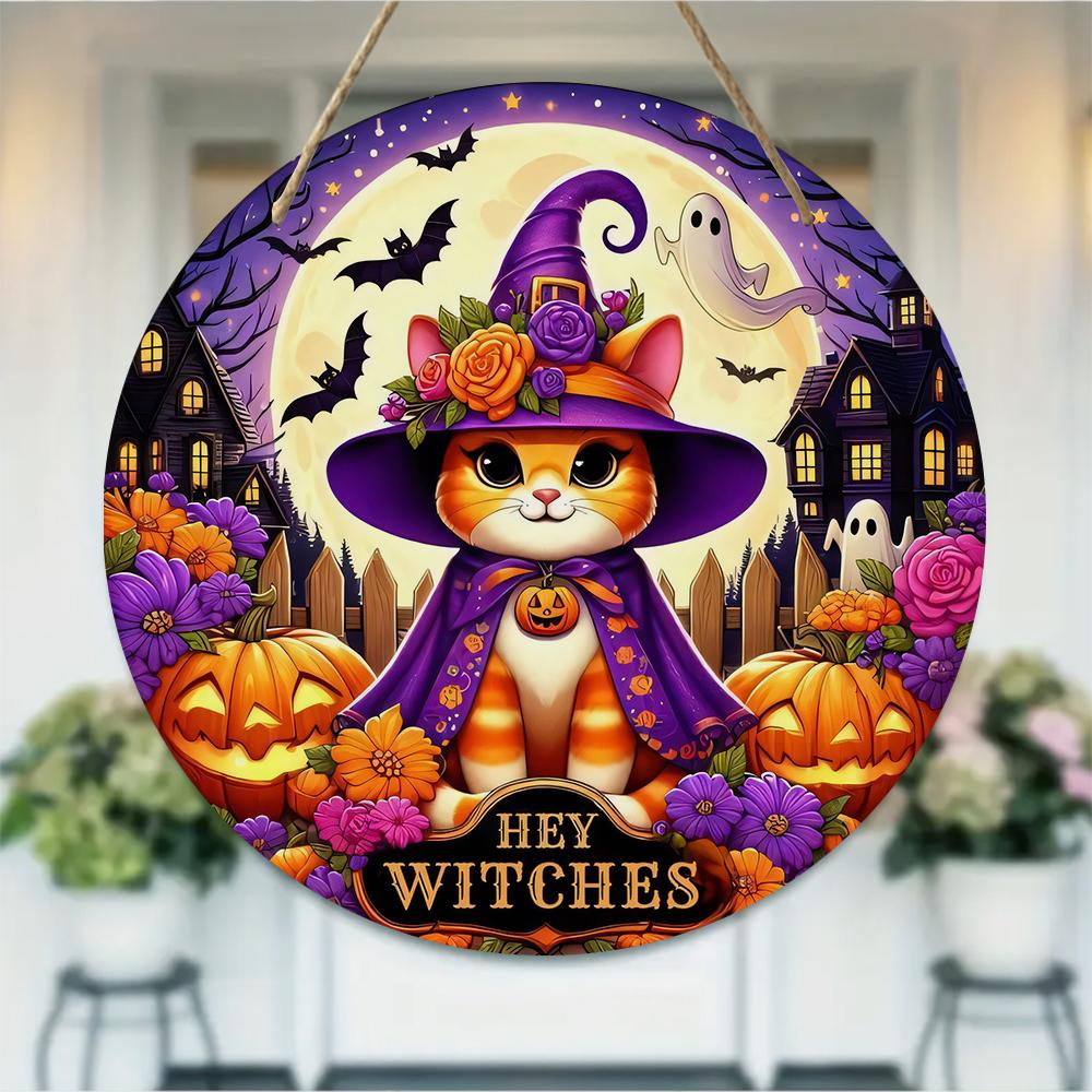 Cute Halloween cat witch themed round wooden hanging plaque spooky pumpkin floral wall sign indoor outdoor home festival party decor gift