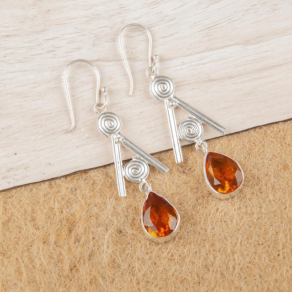Citrin Ädelsten 925 Sterling Silver Handgjorda Bröllopsörhängen Smycken För Thanksgiving