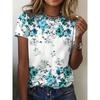 Women's Printed Casual T-shirt - Short Sleeved Round Neck Spring/summer Top with Blue and White Floral Design