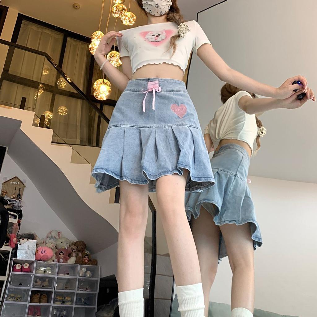 Women's Blue A-line Denim Pleated Skirt Vintage Y2k Mini Cowboy Skirt Harajuku Korean Jean Skirts 2000s Fashion Clothes Summer