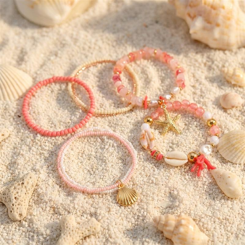 Imitation Pearl Coral Starfish Shell Seed Bead Bracelet Stacking Jewelry Fashion Beach Style Vacation Gift Daily Accessory
