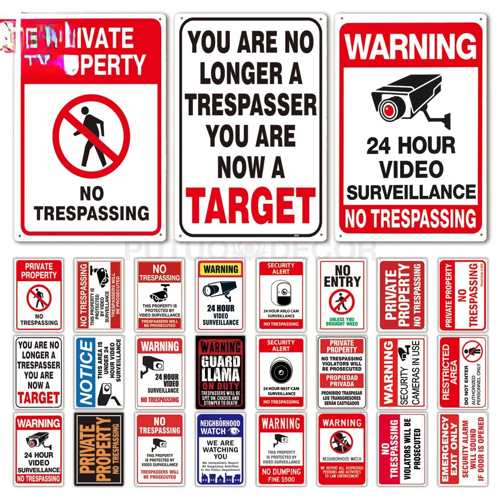 No Trespassing Tin Signs Video Surveillance Warning Plaque Metal Wall Art Poster Yard Iron Painting Stickers Home Decor