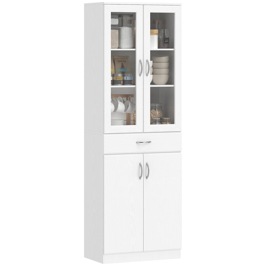 Mobile da Cucina Credenza con Ripiano Regolabile Cassetto 2 Ante Armadio Alto con Porta in Vetro 60 x 35 x 180 cm Bianco